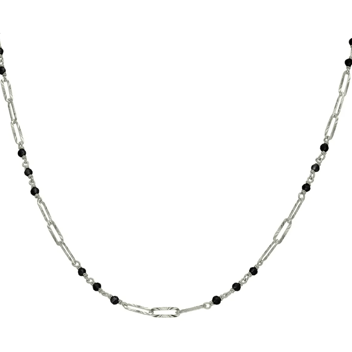 Collier Argent Rhodié Maillon Pierre Spinelle Noir