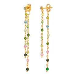 Boucles D Oreilles Argent Dorée Double Chaine Longue Et