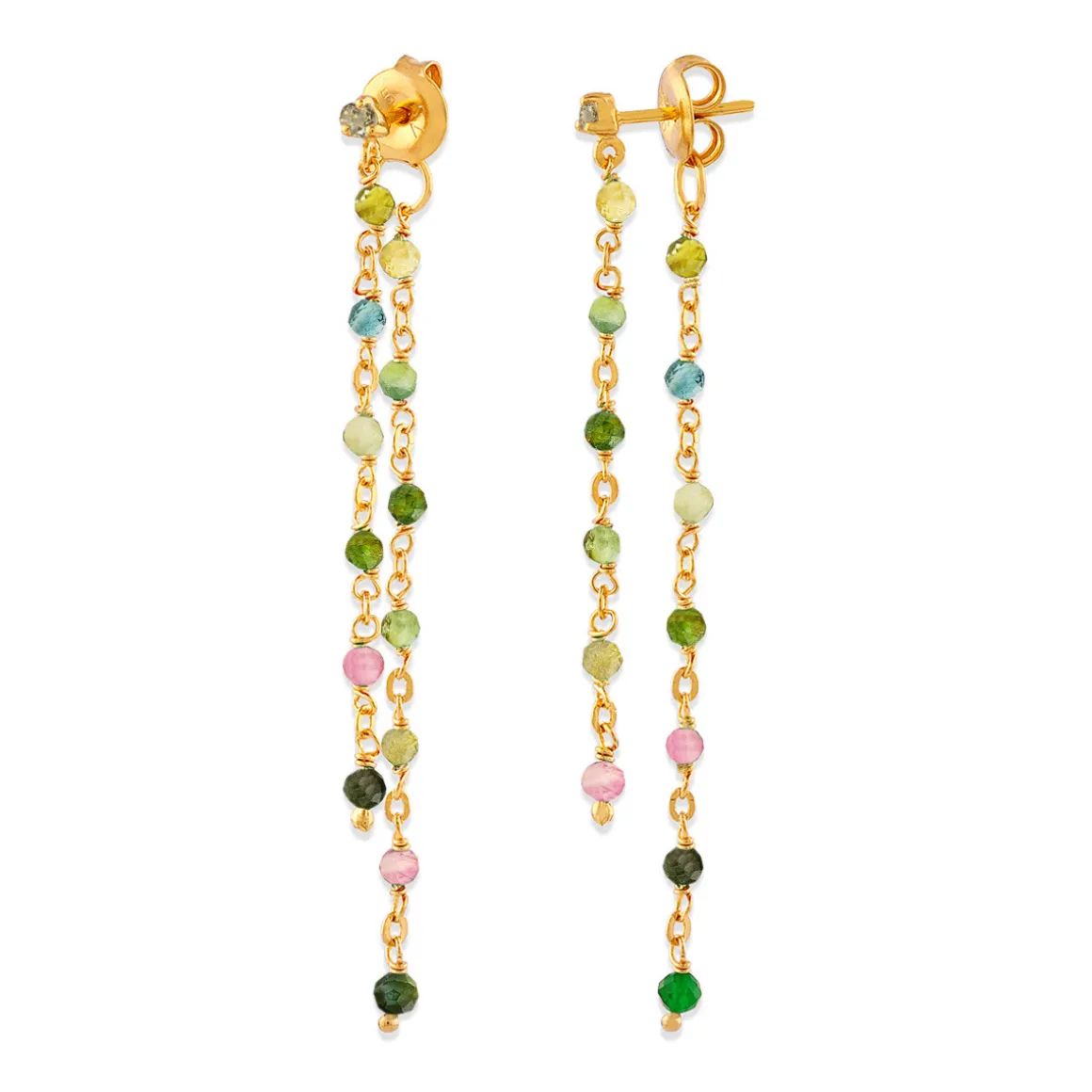 Boucles D Oreilles Argent Dorée Double Chaine Longue Et