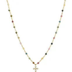 Collier Argent Doré Croix En Zirconium Blanc Et Pierres